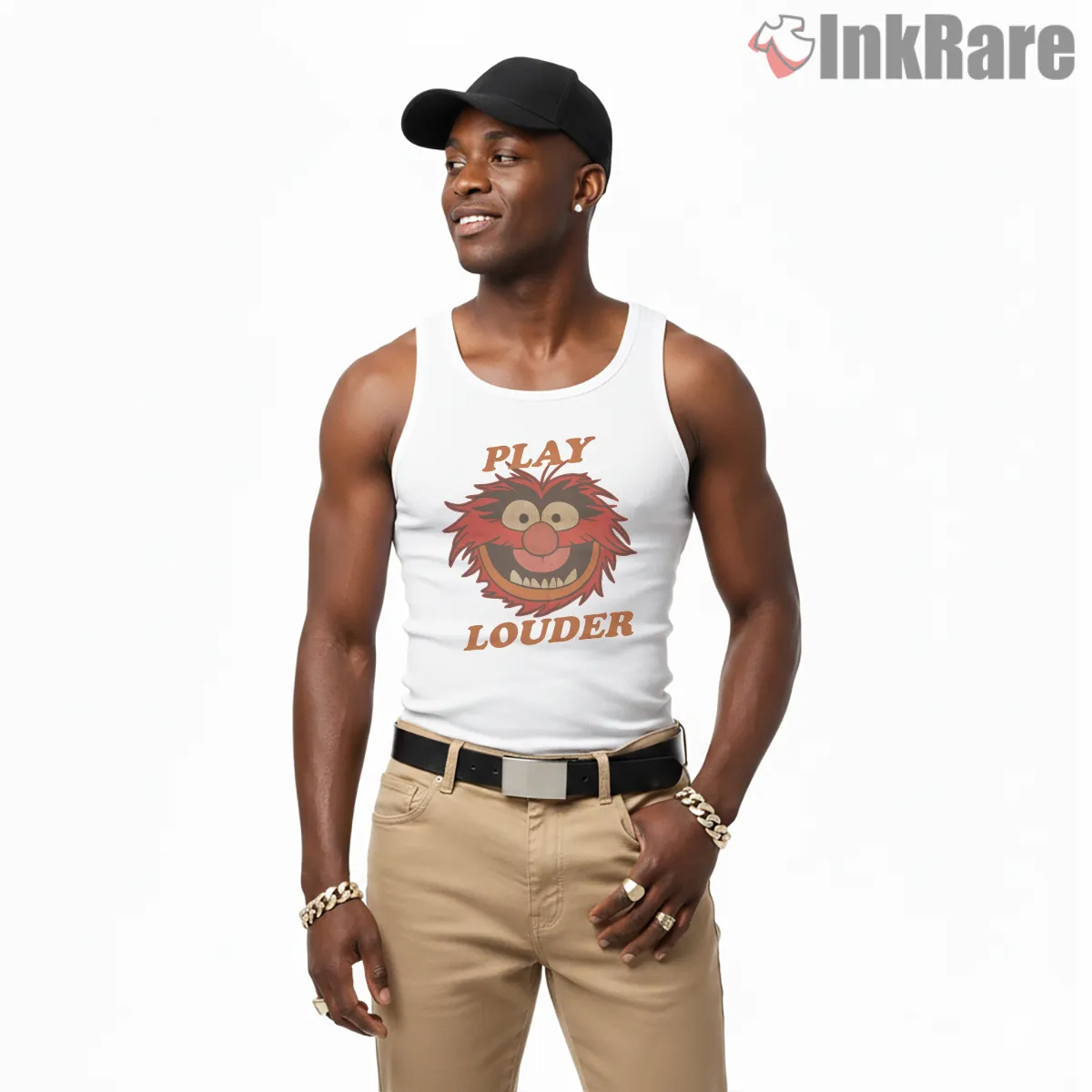 Animal Play Louder Bold Face Graphic Shirt on white tank top for men graphic tee