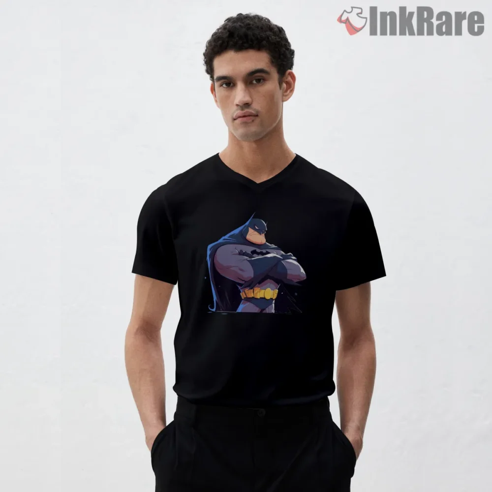Animated Arms Crossed Batman Attitude Shirt on black v-neck shirt for men graphic tee