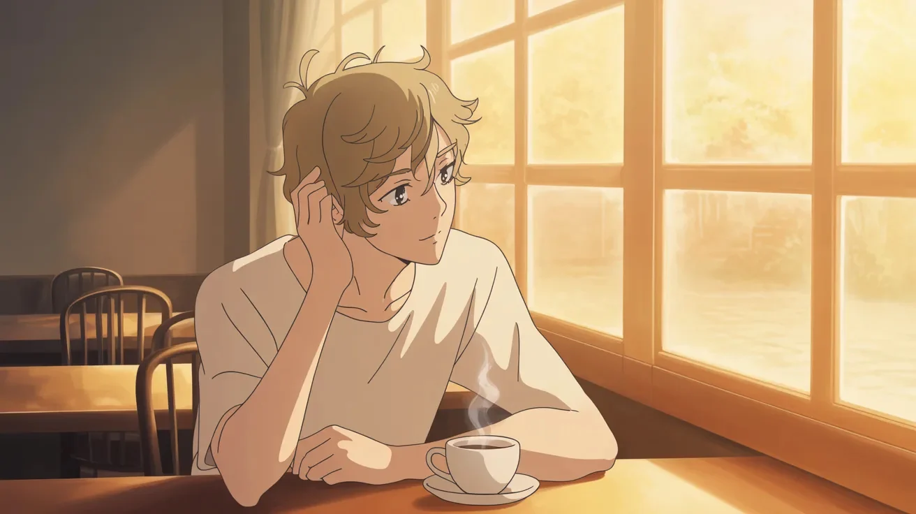 Anime-inspired illustration of a person enjoying a quiet coffee moment, reflecting how anime fits naturally into everyday life