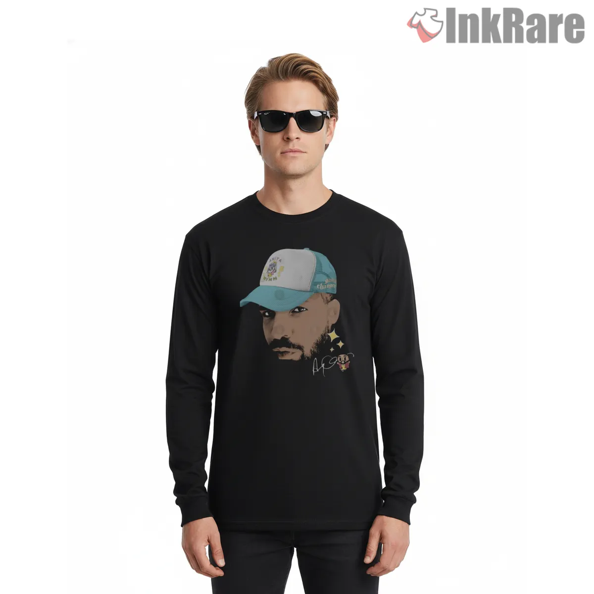 Anita Max Wynn Trucker Cap Drake Close Up Shirt on black long sleeve shirt for men graphic tee