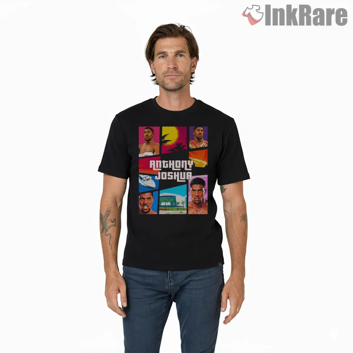 Anthony Joshua Retro Miami Vice Gta Style Boxing Shirt on black short sleeve shirt for men graphic tee