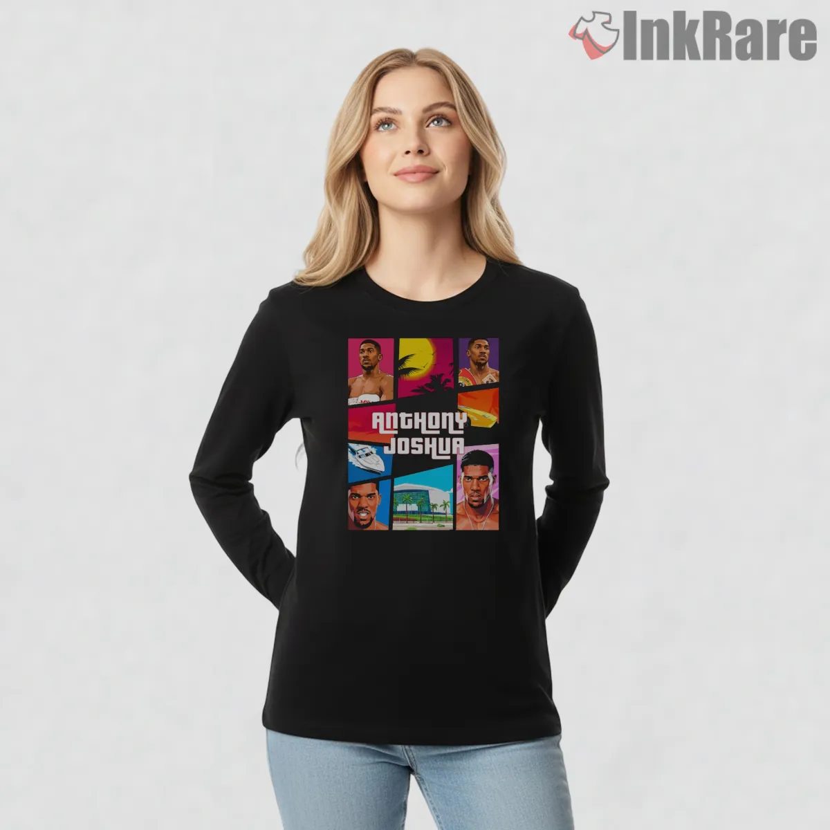 Anthony Joshua Retro Miami Vice Gta Style Boxing Long Sleeve Black Anthony Joshua Retro Miami Vice Gta Style Boxing Shirt on black long sleeve shirt for women graphic tee