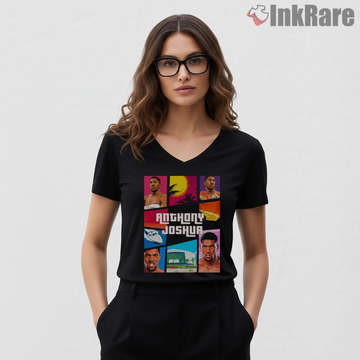 Anthony Joshua Retro Miami Vice Gta Style Boxing V Neck Black Anthony Joshua Retro Miami Vice Gta Style Boxing Shirt on black v-neck shirt for women graphic tee