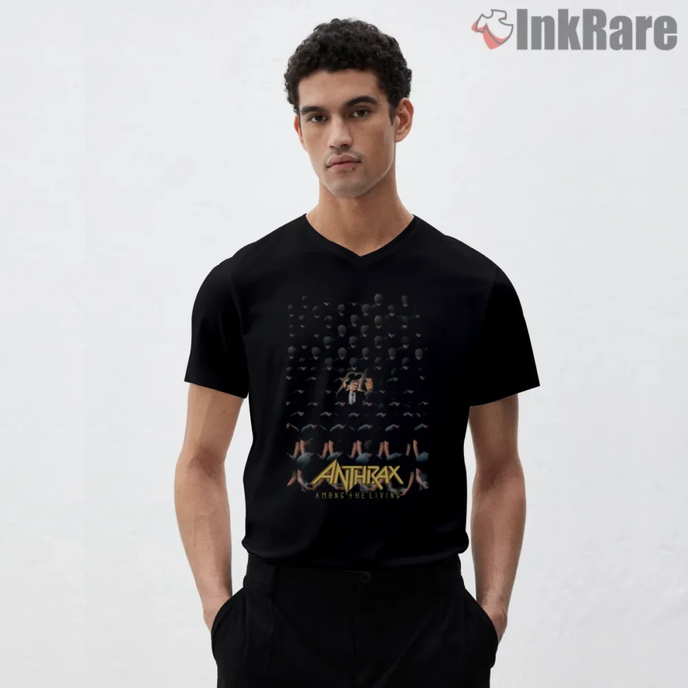 Anthrax Among The Living Crowd Shirt on black v-neck shirt for men graphic tee