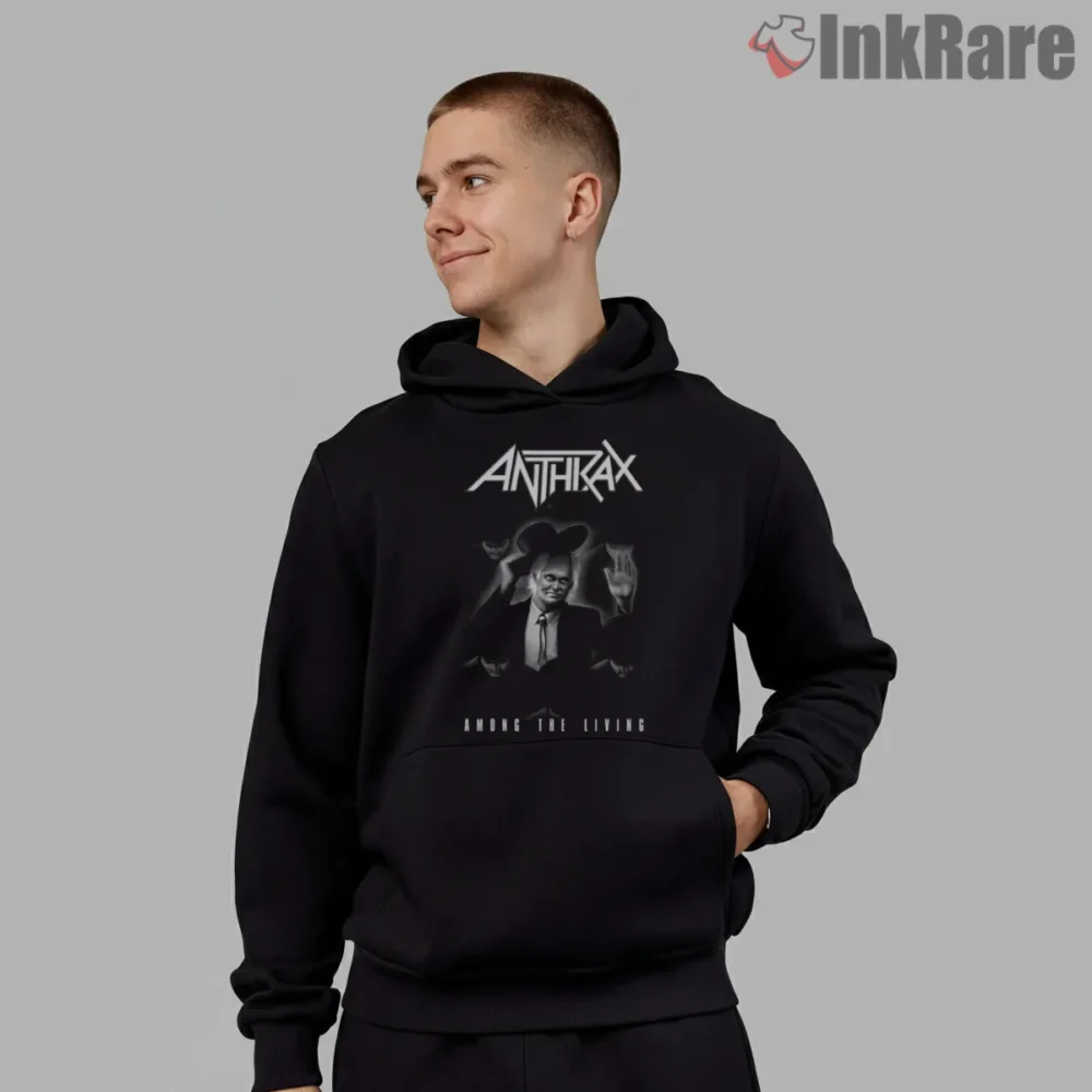 Anthrax Among The Living Shadow Figure Shirt on black hoodie for men graphic tee