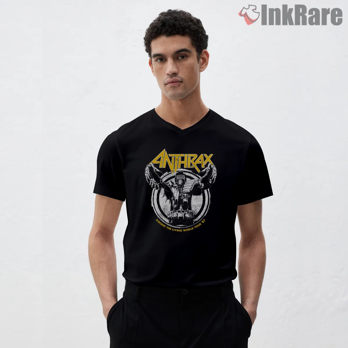 Anthrax Among The Living World Tour 87 V Neck Black Anthrax Among The Living World Tour 87 Shirt on black v-neck shirt for men graphic tee