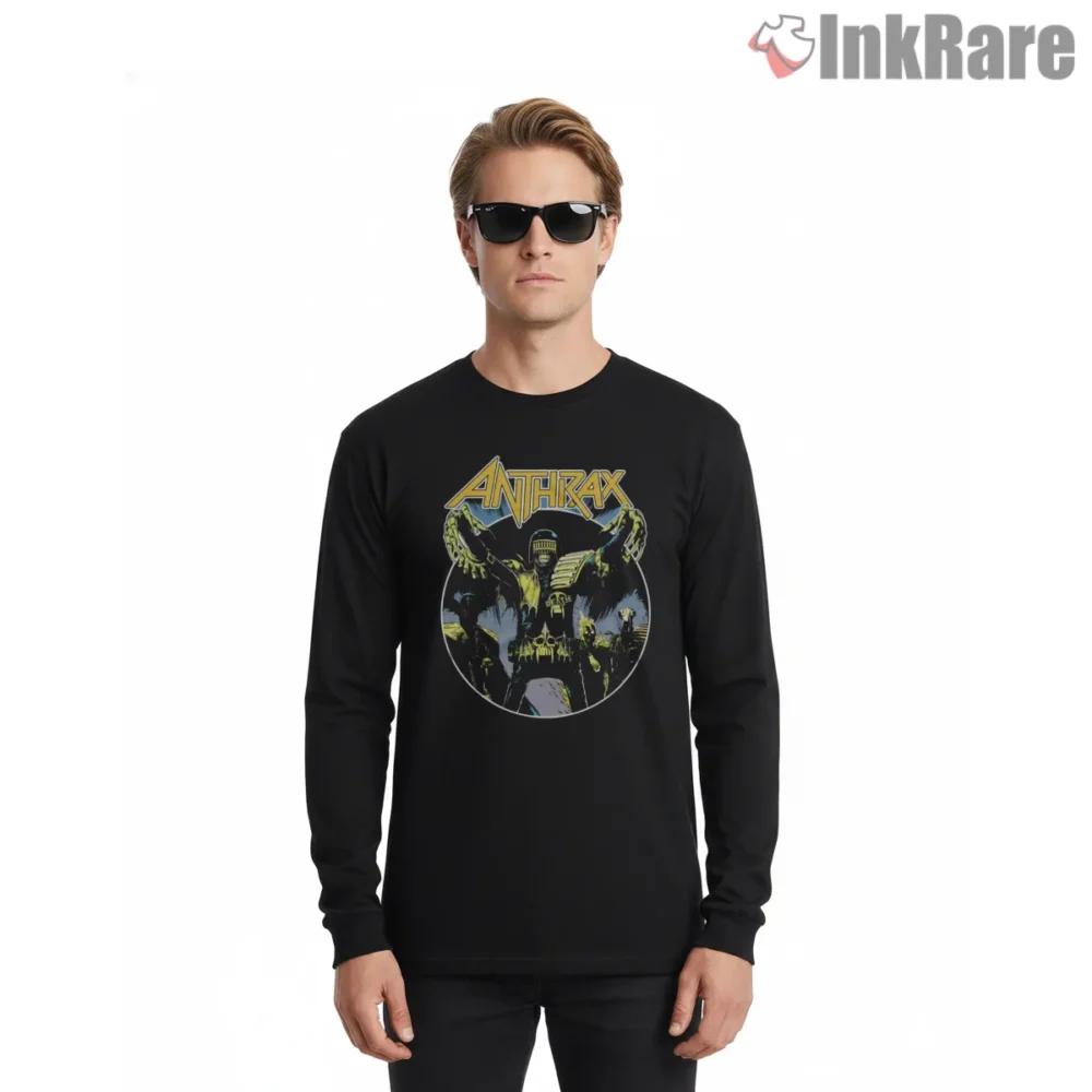 Anthrax Armored Sentinel Night City Shirt on black long sleeve shirt for men graphic tee
