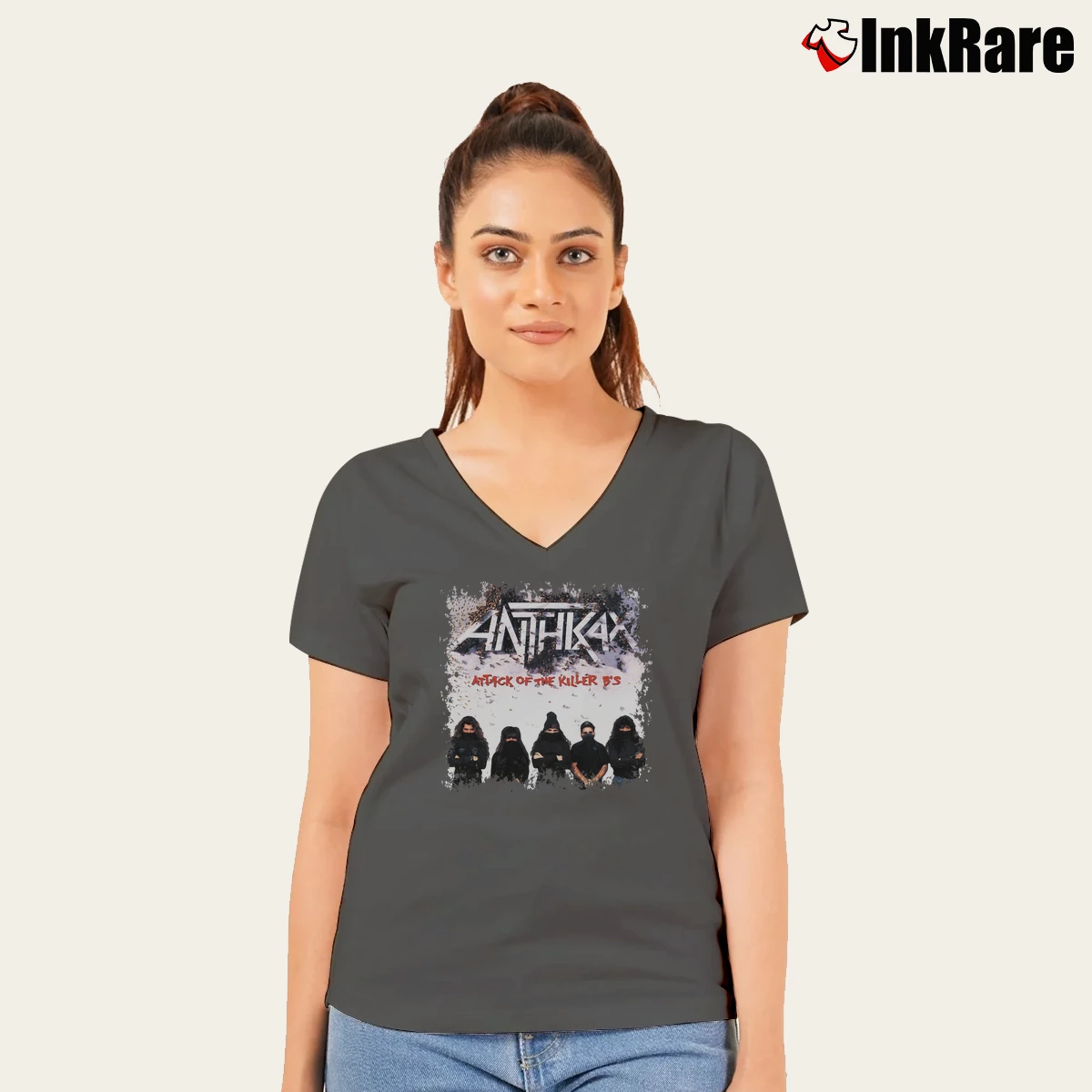 Women’s Anthrax Attack Of The Killer B's V-Neck Tee in charcoal | Chic Neckline, Soft Texture