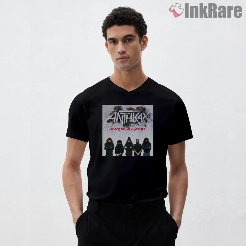 Anthrax Attack Of The Killer Bs Hooded Crowd Shirt on black v-neck shirt for men graphic tee