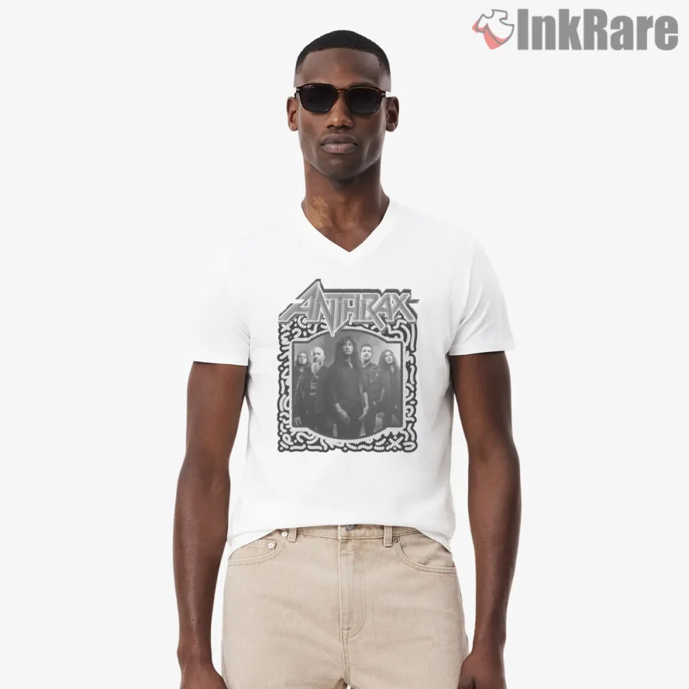 Anthrax Band Metal Portrait Frame Shirt on white v-neck shirt for men graphic tee