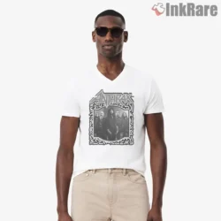 Anthrax Band Metal Portrait Frame Shirt on white v-neck shirt for men graphic tee