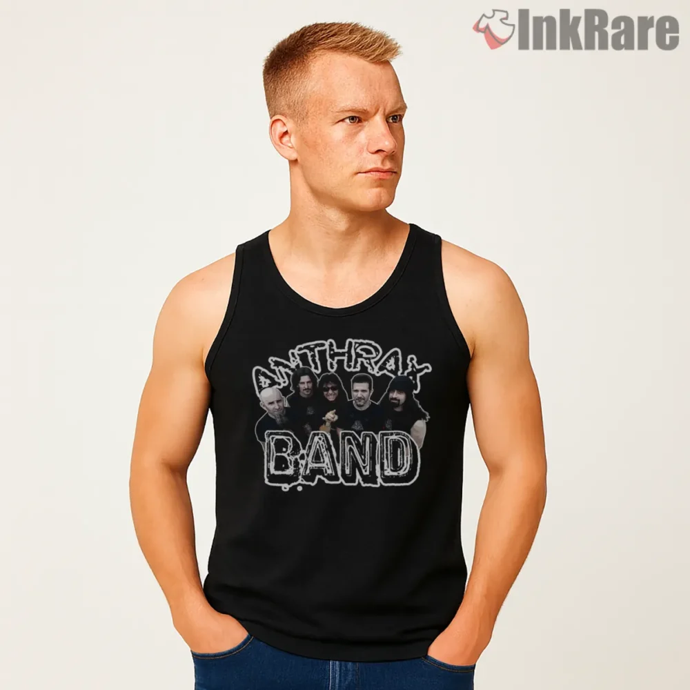 Anthrax Band Smiling Portrait Logo Shirt on black tank top for men graphic tee