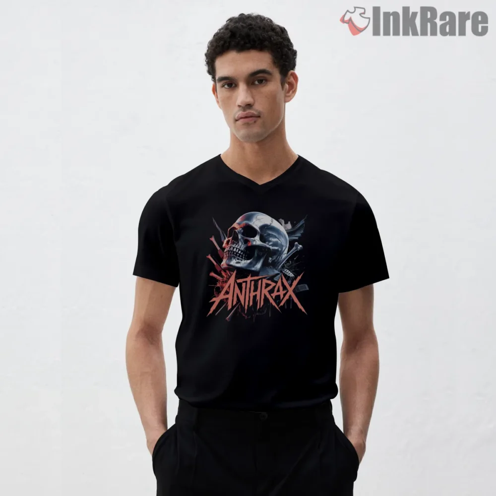 Anthrax Blue Skull Red Streak Shirt on black v-neck shirt for men graphic tee
