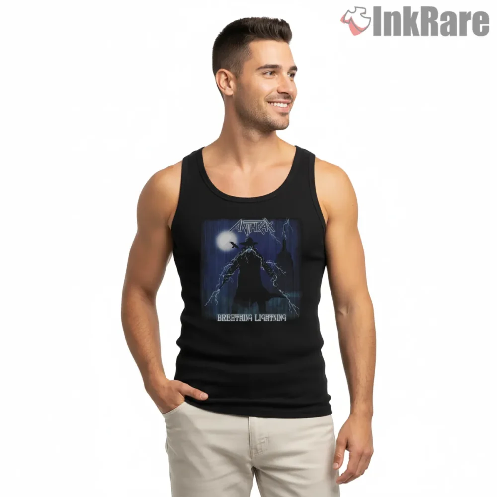 Anthrax Breathing Lightning Storm Cloak Shirt on black tank top for men graphic tee
