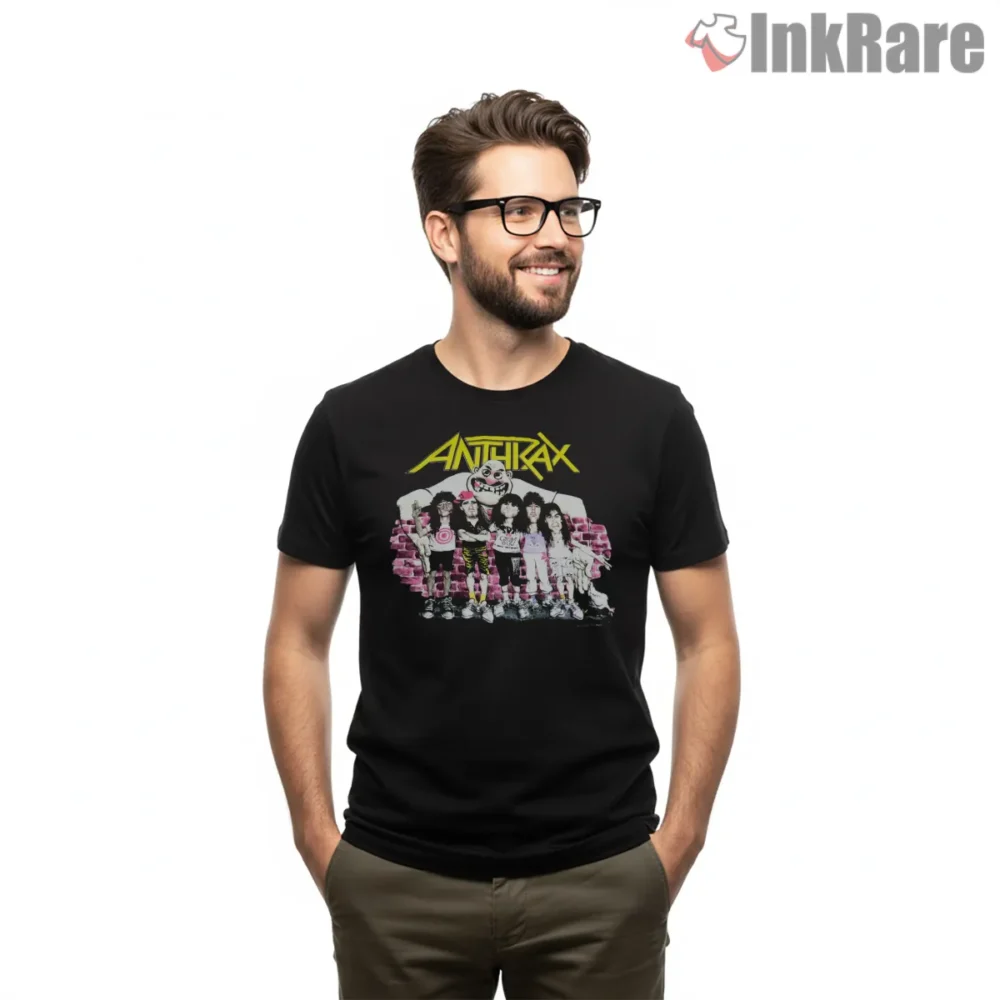 Anthrax Cartoon Band Brick Wall Shirt on black short sleeve shirt for men graphic tee