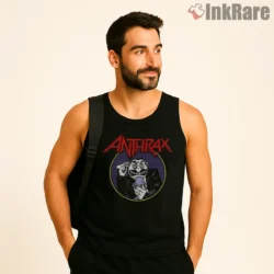 Anthrax Cartoon Money Fist Circle Frame Shirt on black tank top for men graphic tee
