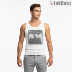 Anthrax Classic Black And White Band Portrait Shirt on white tank top for men graphic tee