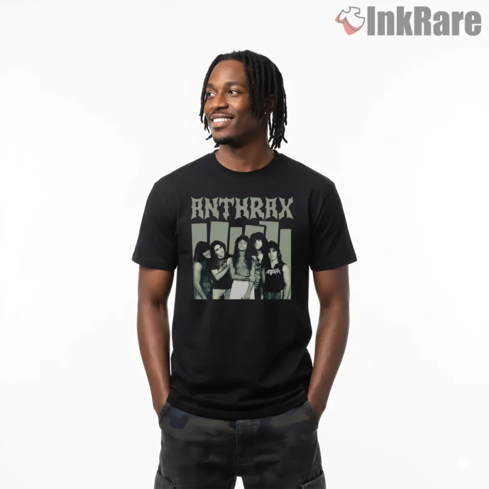 Anthrax Classic Black And White Group Photo Shirt on black short sleeve shirt for men graphic tee