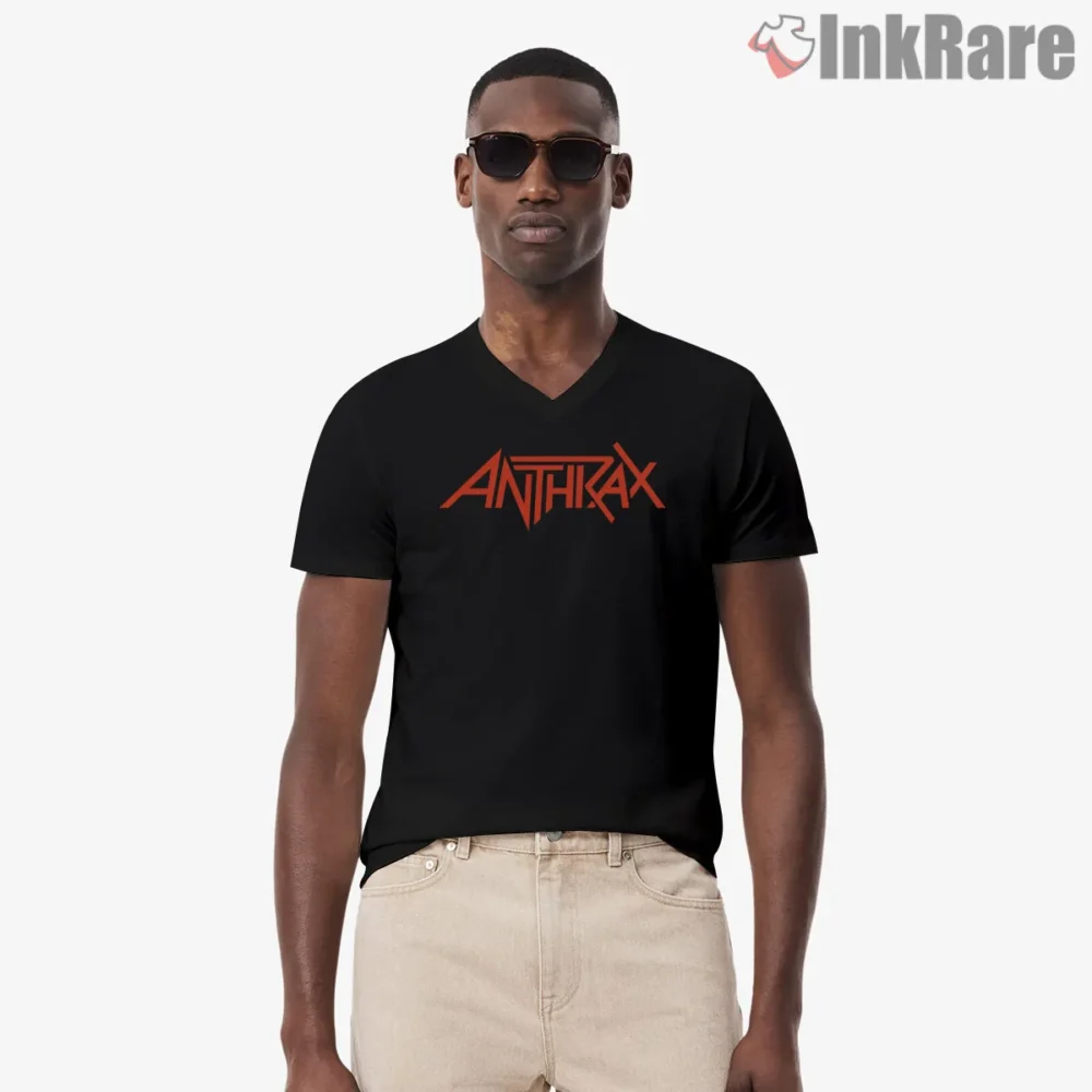 Anthrax Classic Script Flame Logo Shirt on black v-neck shirt for men graphic tee