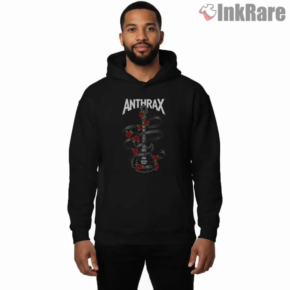 Anthrax Coiled Guitar And Red Roses Shirt on black hoodie for men graphic tee