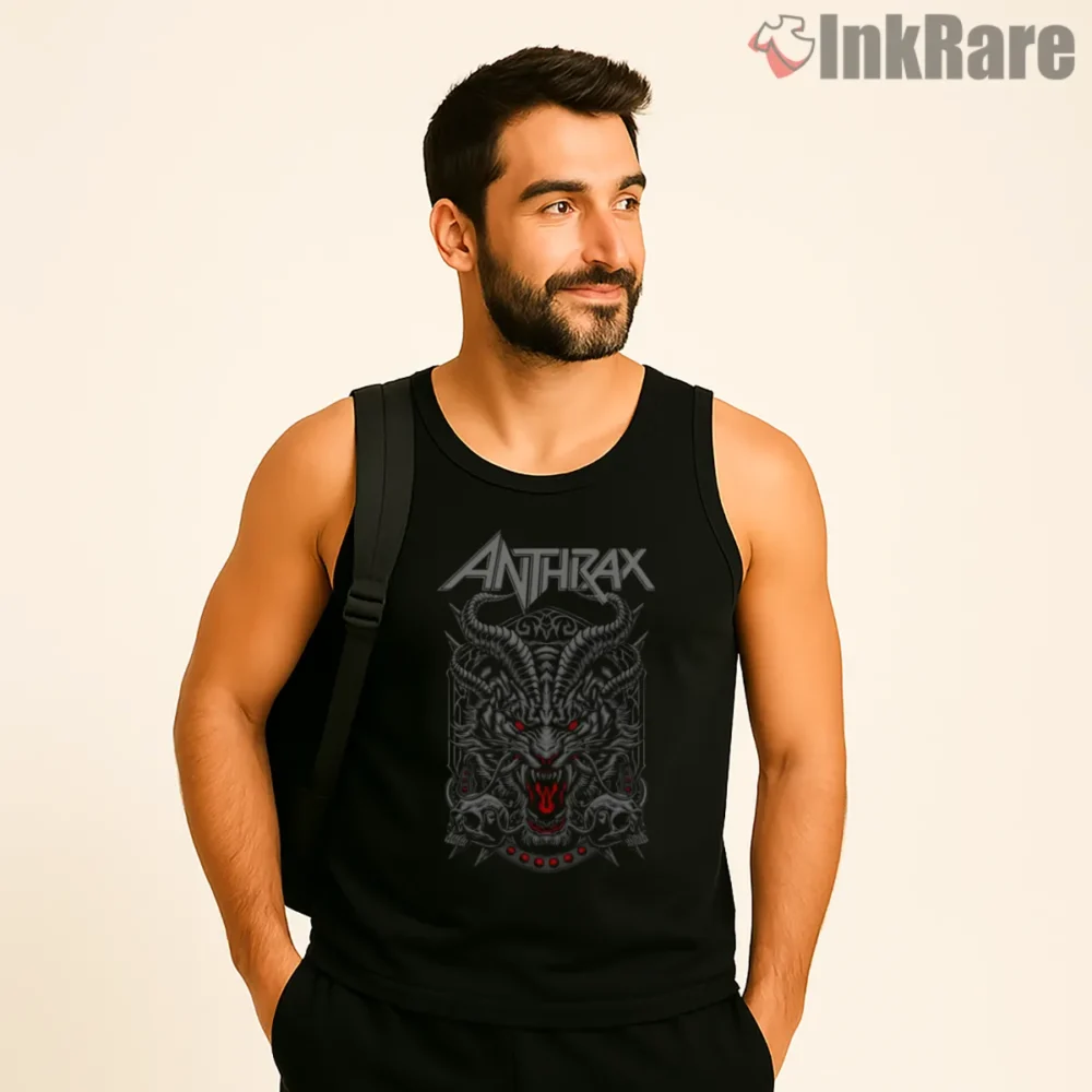 Anthrax Demon Crest Red Eyes Shirt on black tank top for men graphic tee