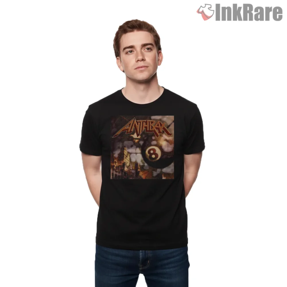 Anthrax Eight Ball Rock Logo Shirt on black short sleeve shirt for men graphic tee