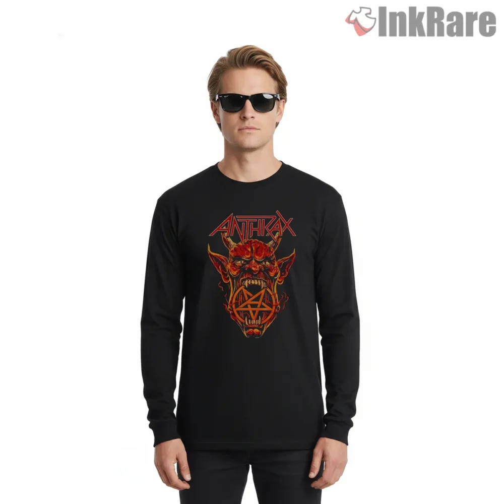 Anthrax Fiery Demon Pentagram Logo Shirt on black long sleeve shirt for men graphic tee
