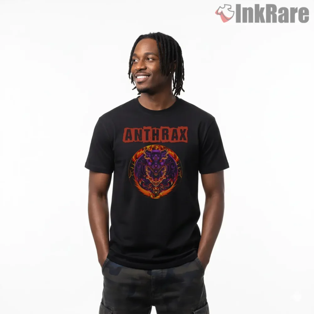Anthrax Fiery Demon Spiral Shirt on black short sleeve shirt for men graphic tee
