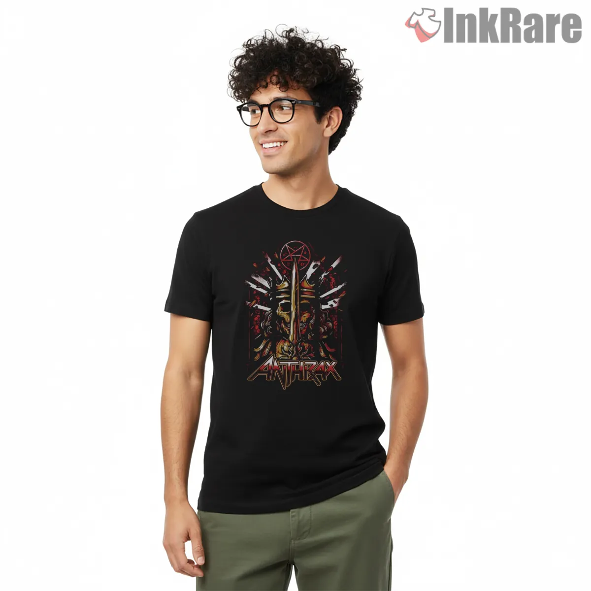 Anthrax Fiery Skull Guitar Altar Shirt on black short sleeve shirt for men graphic tee