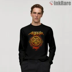 Anthrax Fiery Vintage Pentastar Emblem Shirt on black long sleeve shirt for men graphic tee