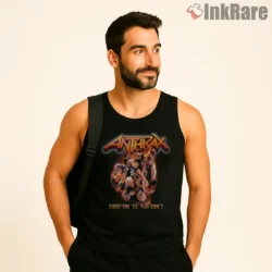 Anthrax Fight Em Til You Cant Collage Shirt on black tank top for men graphic tee