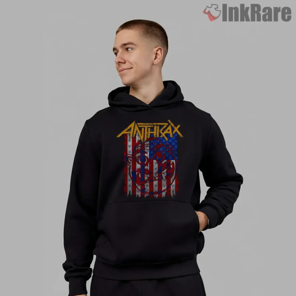 Anthrax Flag Grin Graphic Shirt on black hoodie for men graphic tee