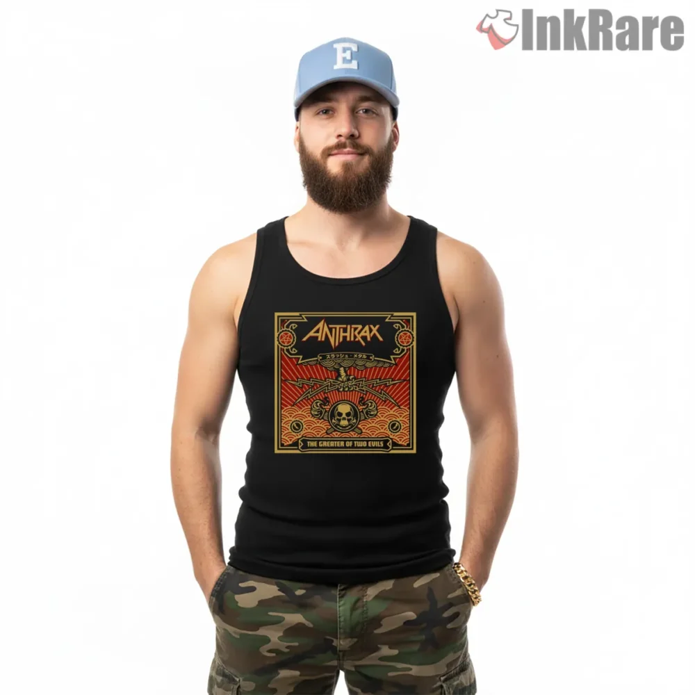 Anthrax Greater Of Two Evils Poster Shirt on black tank top for men graphic tee