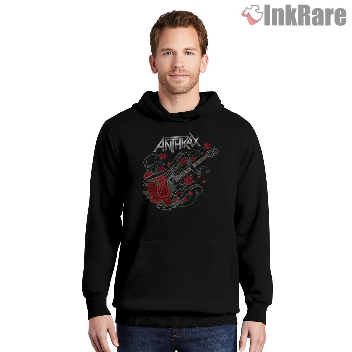 Anthrax Guitar And Roses Night Bloom Shirt on black hoodie for men graphic tee