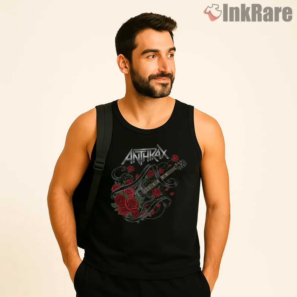 Anthrax Guitar And Roses Night Bloom Shirt on black tank top for men graphic tee