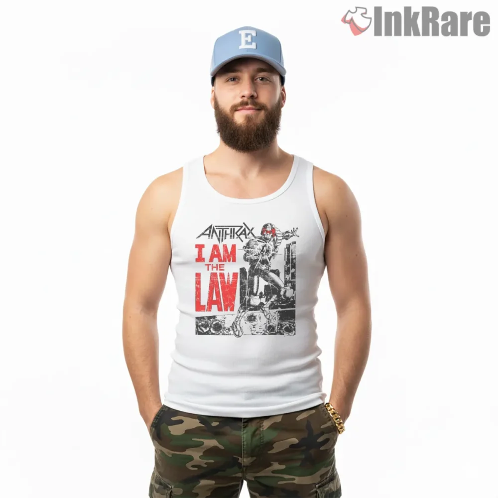 Anthrax I Am The Law Comic Tribute Shirt on white tank top for men graphic tee
