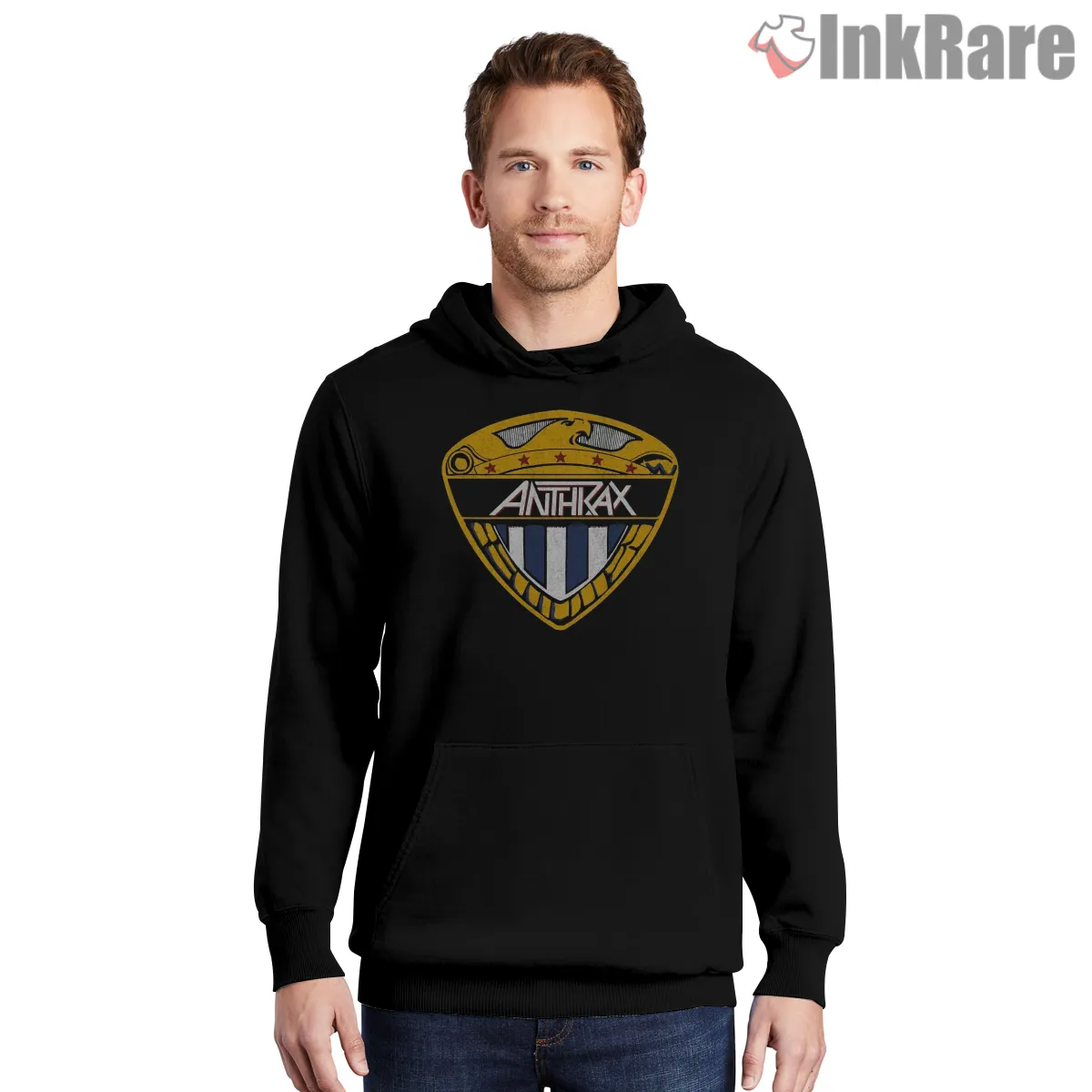 Anthrax I Am The Law Shield Emblem Shirt on black hoodie for men graphic tee