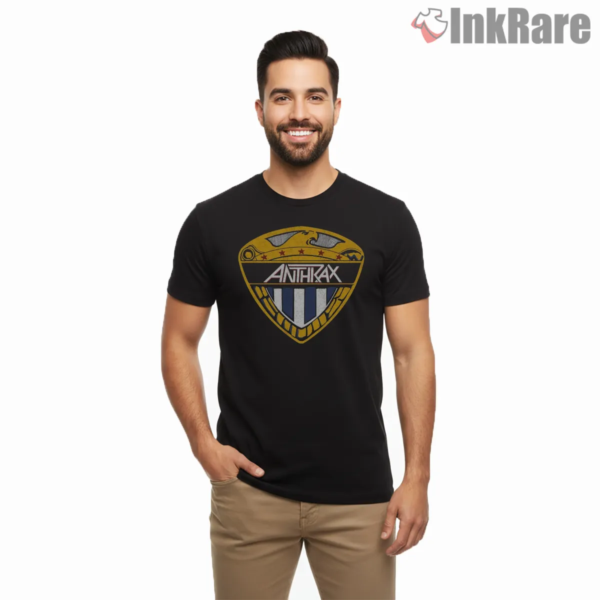 Anthrax I Am The Law Shield Emblem Short Sleeve Black Anthrax I Am The Law Shield Emblem Shirt on black short sleeve shirt for men graphic tee