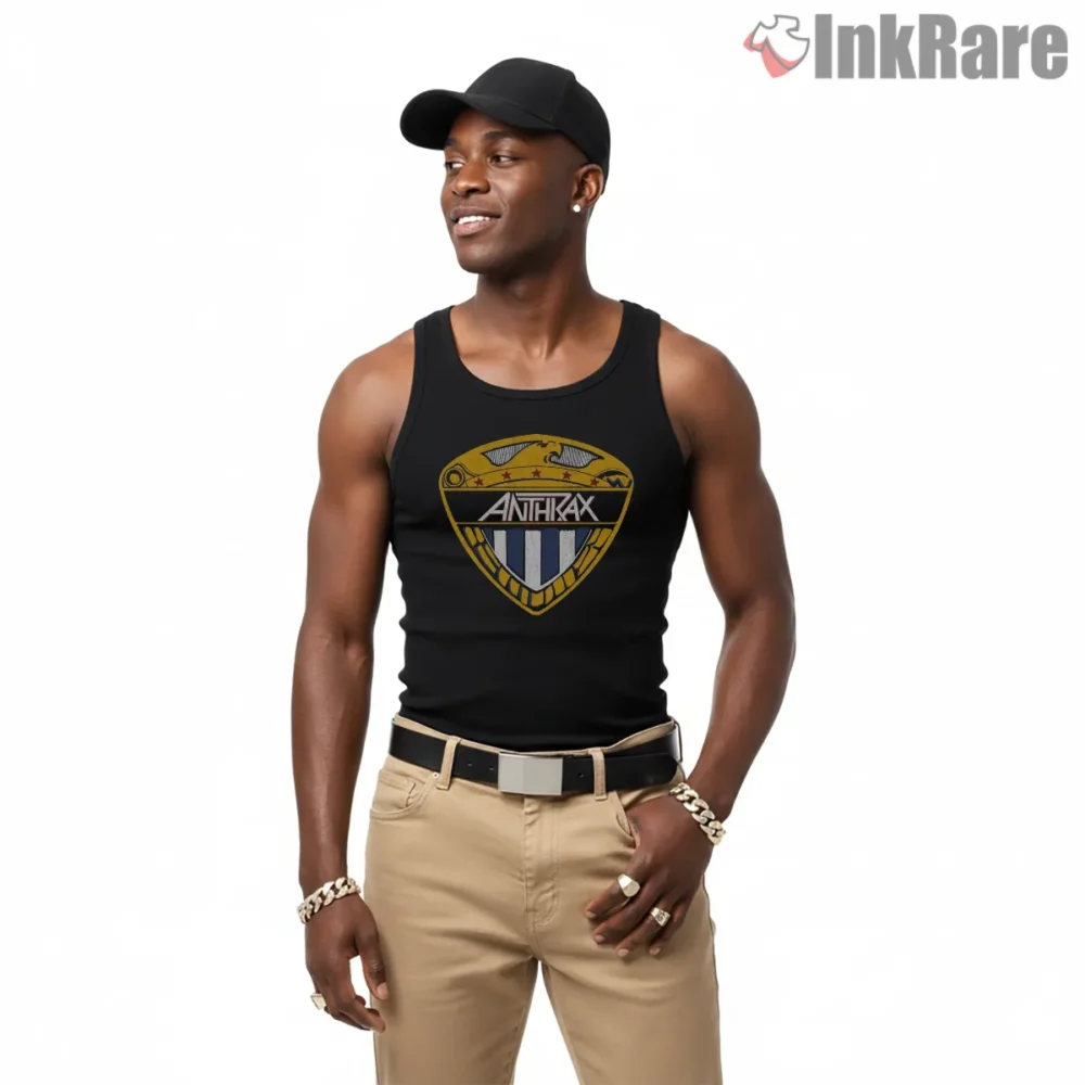Anthrax I Am The Law Shield Emblem Shirt on black tank top for men graphic tee