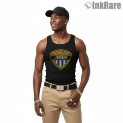 Anthrax I Am The Law Shield Emblem Shirt on black tank top for men graphic tee