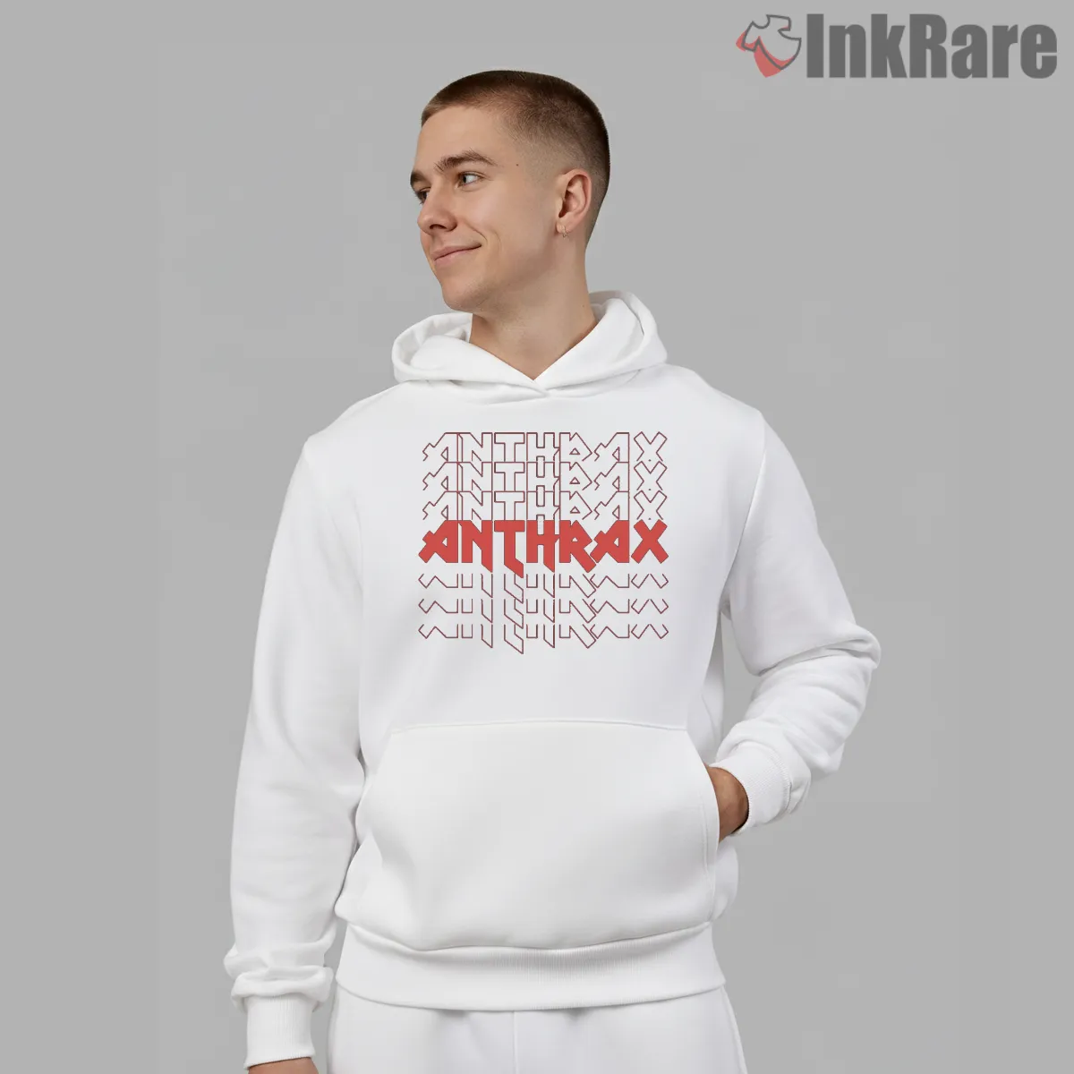 Anthrax Iron Text Repeat Logo Wall Shirt on white hoodie for men graphic tee