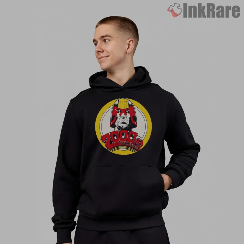 Anthrax Judge Dredd 2000 Ad Crossover Shirt on black hoodie for men graphic tee