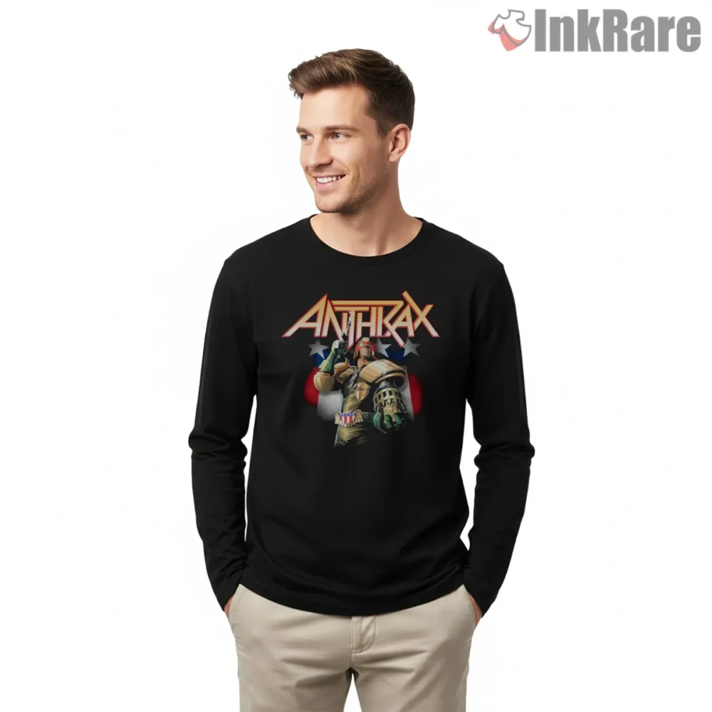 Anthrax Judge Dredd American Flag Shirt on black long sleeve shirt for men graphic tee