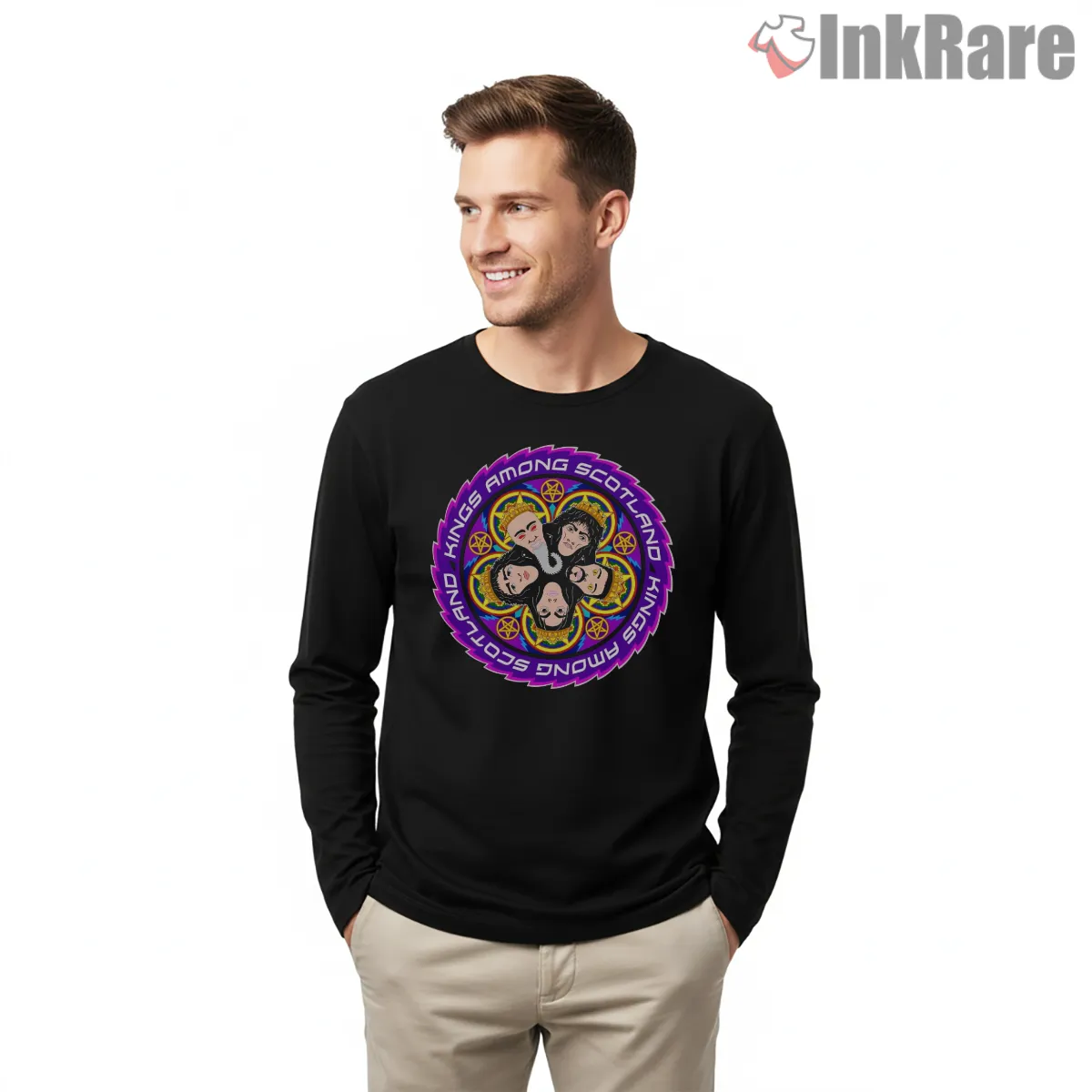 Anthrax Kings Among Scotland Circle Portrait Shirt on black long sleeve shirt for men graphic tee