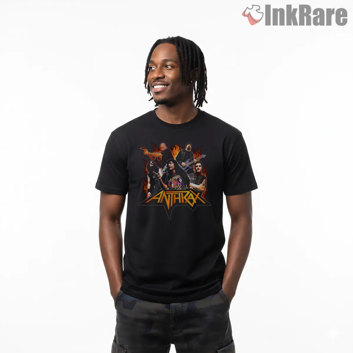 Anthrax Live Flame Stage Band Photo Short Sleeve Black Anthrax Live Flame Stage Band Photo Shirt on black short sleeve shirt for men graphic tee