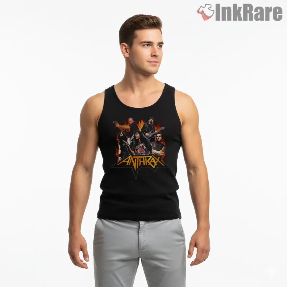 Anthrax Live Flame Stage Band Photo Shirt on black tank top for men graphic tee