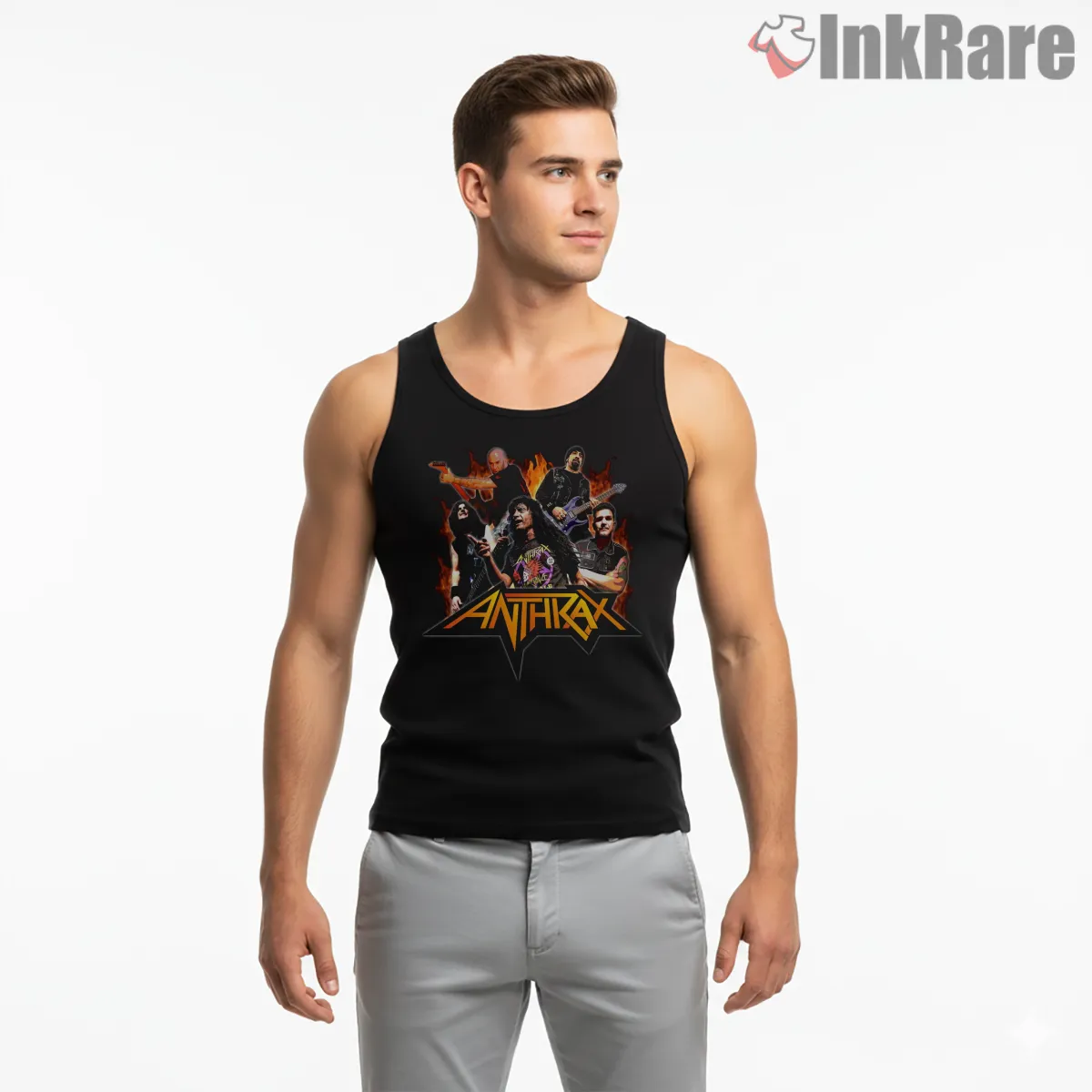 Anthrax Live Flame Stage Band Photo Tank Top Black Anthrax Live Flame Stage Band Photo Shirt on black tank top for men graphic tee