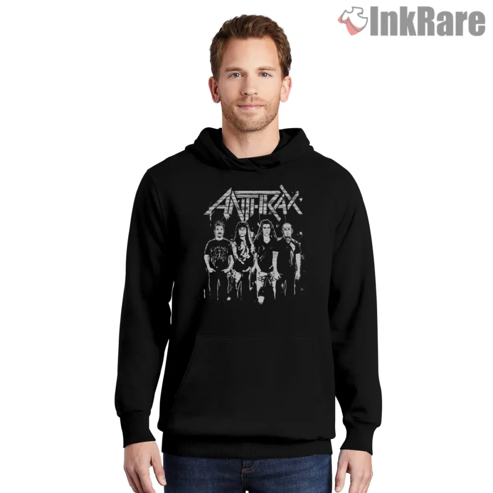 Anthrax Monochrome Classic Lineup Photo Shirt on black hoodie for men graphic tee