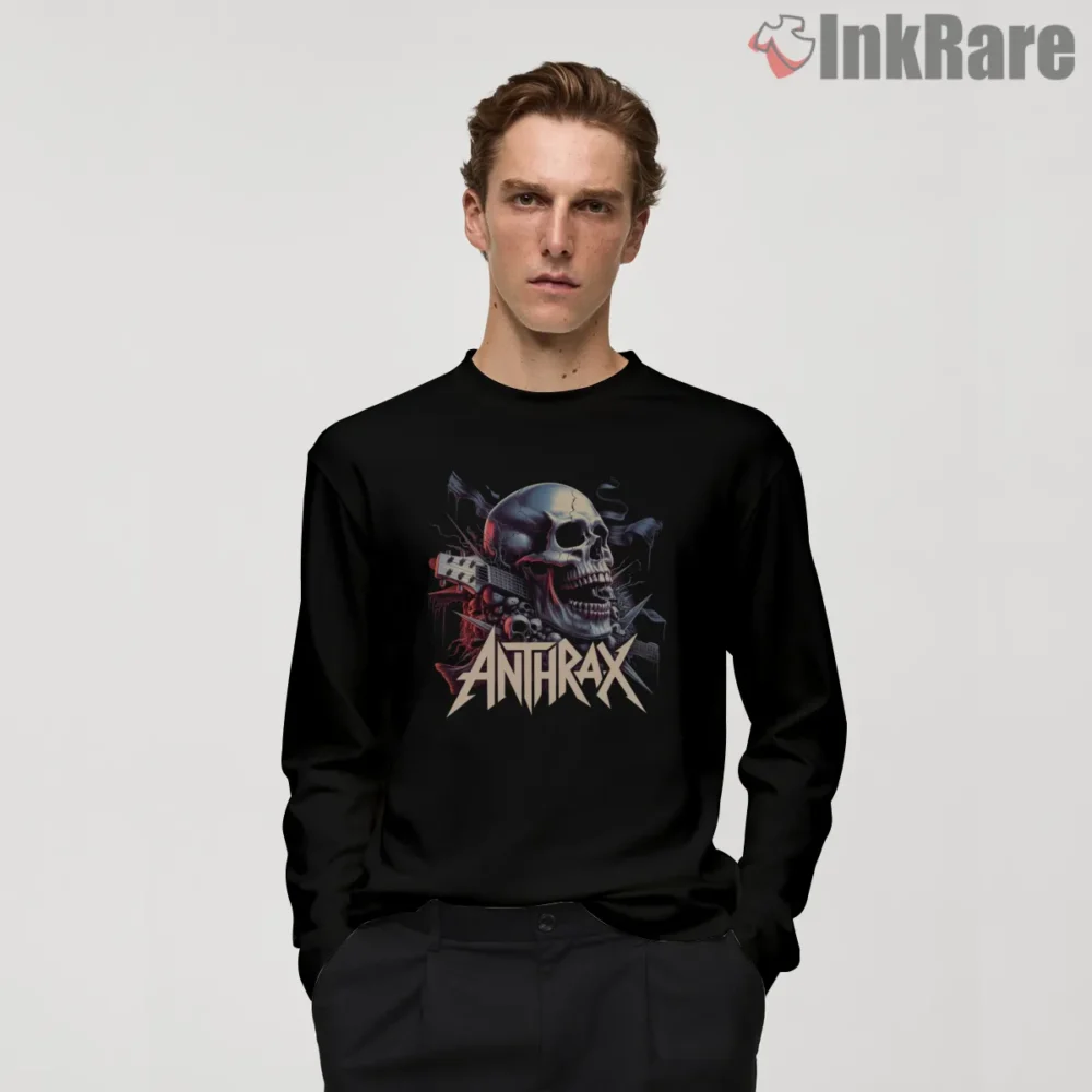 Anthrax Neon Skull Riff Storm Shirt on black long sleeve shirt for men graphic tee