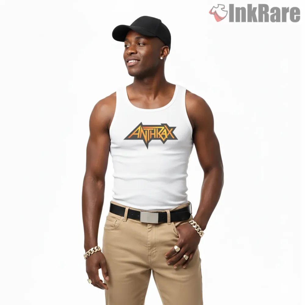 Anthrax Orange Rock Band Emblem Shirt on white tank top for men graphic tee